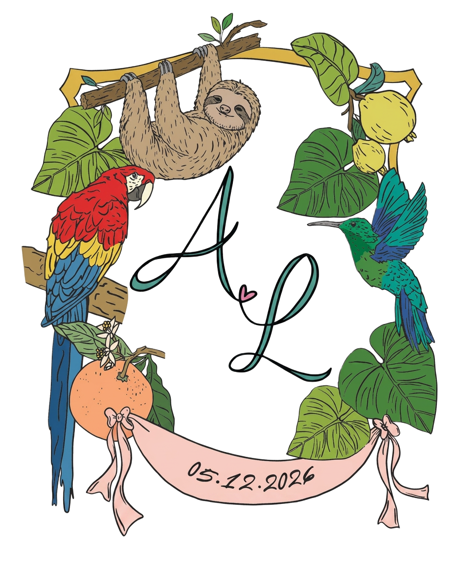 Emblema de la boda de Annabella y Luis: iniciales A y L rodeadas de aves, vegetación y frutos